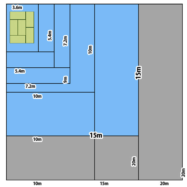 UVカットブルーシート (厚手#3000・耐候性)サイズ15×15m(5枚入)・6畳の畳とブルーシート1枚あたりのサイズの比較