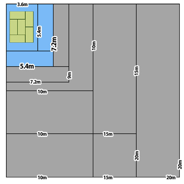 ブルーシート (中厚手#2500)サイズ5.4×7.2m(50枚入)・6畳の畳とブルーシート1枚あたりのサイズの比較