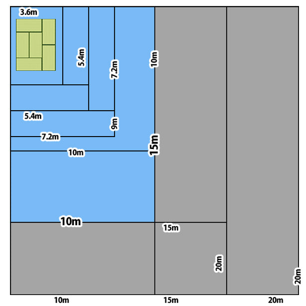 ブルーシート (中厚手#2500)サイズ10×15m(1枚入)・6畳の畳とブルーシート1枚あたりのサイズの比較