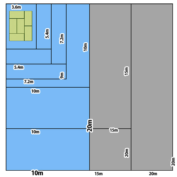 ブルーシート (中厚手#2500)サイズ10×20m(5枚入)・6畳の畳とブルーシート1枚あたりのサイズの比較
