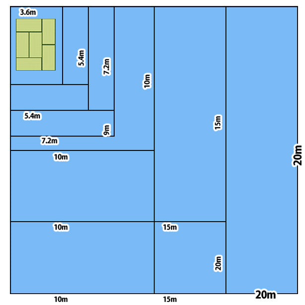 ブルーシート (中厚手#2500)サイズ20×20m(1枚入)・6畳の畳とブルーシート1枚あたりのサイズの比較