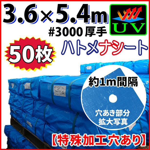 UVカットブルーシート(ハトメ金属なし)サイズ3.6×5.4m(50枚入)・厚手#3000