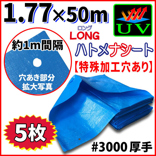 UVカットブルーシート(ハトメ金属なし)サイズ1.77×50m(5枚入)・厚手#3000