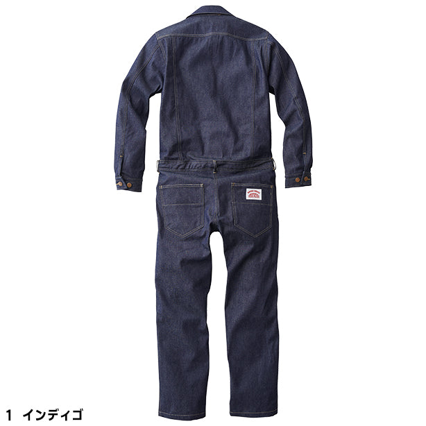 メーカー:YAMATAKA 品名&品番:YAMATAKA ROUND HOUSE DON-RH-3001 デニムカバーオール カラー:インディゴ(バックスタイル)