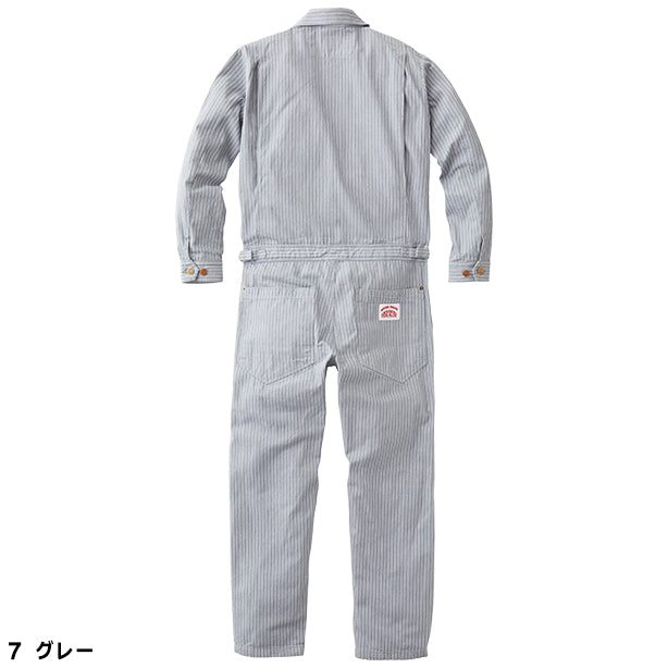 メーカー:YAMATAKA 品名&品番:YAMATAKA ROUND HOUSE DON-RH-3004 ヒッコリー長袖カバーオール カラー:グレー(バックスタイル)