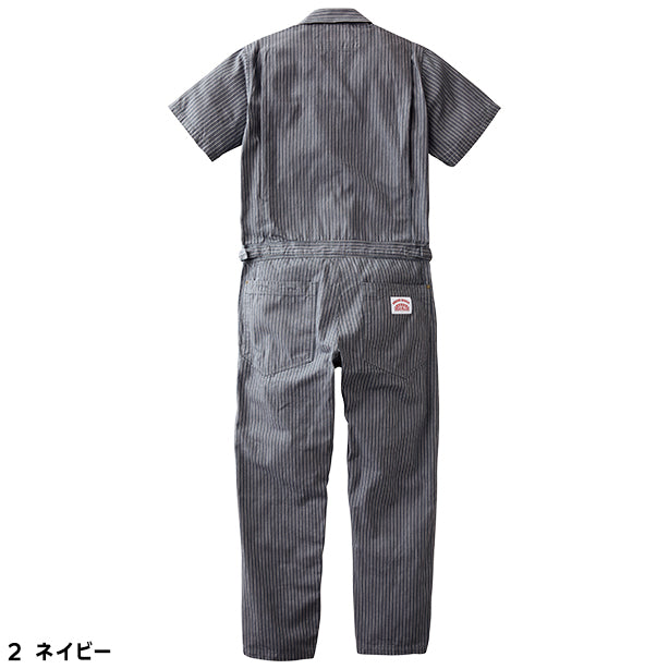 メーカー:YAMATAKA 品名&品番:YAMATAKA DON-RH-3005 ROUND HOUSE ヒッコリー半袖カバーオール カラー:ネイビー(バックスタイル)