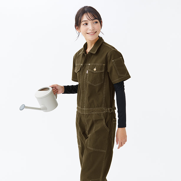 メーカー:YAMATAKA 品名&品番:YAMATAKA DON-RH3003 ROUND HOUSE キャンバス生地半袖カバーオール 作業イメージ