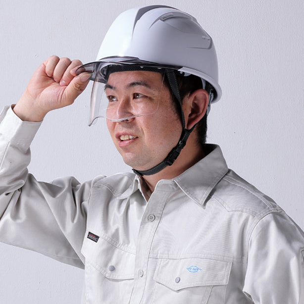 メーカー:TOYO 品名&品番:【遮熱】トーヨーのシールド内蔵ヘルメット【ライナーあり/通気孔なし/シールド付】 装着イメージ