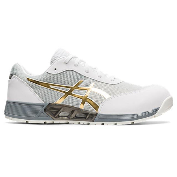 メーカー:ASICS 品名&品番:ASICS OT-212 ウィンジョブ® 通気性重視のプロスニーカー【JSAA A種認定】【耐油】【普通作業用】 ホワイト × ピュアアゴールド サイド