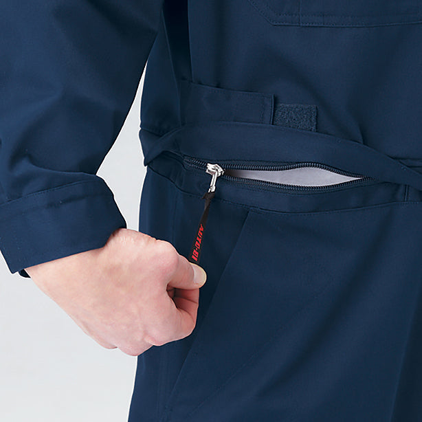 メーカー:YAMADATATSU 品名&品番:AUTO-BI YD-6901 腰割れ式半袖つなぎ服 1.ウエストファスナーを1周して全開にします