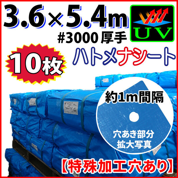UVカットブルーシート(ハトメ金属なし・厚手#3000)　サイズ3.6×5.4m(10枚)
