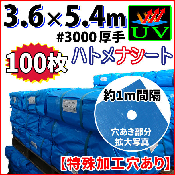 UVカットブルーシート(ハトメ金属なし)サイズ3.6×5.4m(100枚入)・厚手#3000