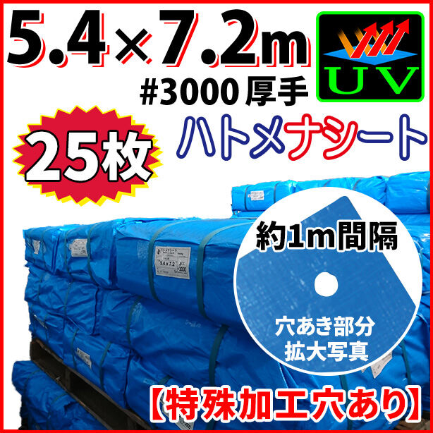 UVカットブルーシート(ハトメ金属なし)サイズ5.4×7.2m(25枚入)・厚手#3000