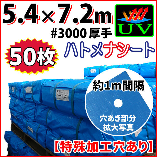 UVカットブルーシート(ハトメ金属なし)サイズ5.4×7.2m(50枚入)・厚手#3000