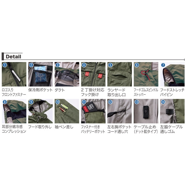 メーカー:村上被服 品名&品番:HOOH MH-V1217 半袖フードジャケットコンプリートセット【ハーネス対応/サイドファン】 Point説明