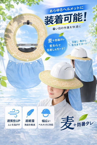 防暑タレ付き麦わらバイザー