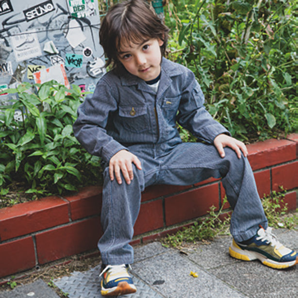 メーカー:GRACEENGINEER'S 品名&品番:GRACE ENGINEER'S SK-GE-105H 親子で揃うヒッコリーツナギ(キッズサイズあり) 着用イメージ子供