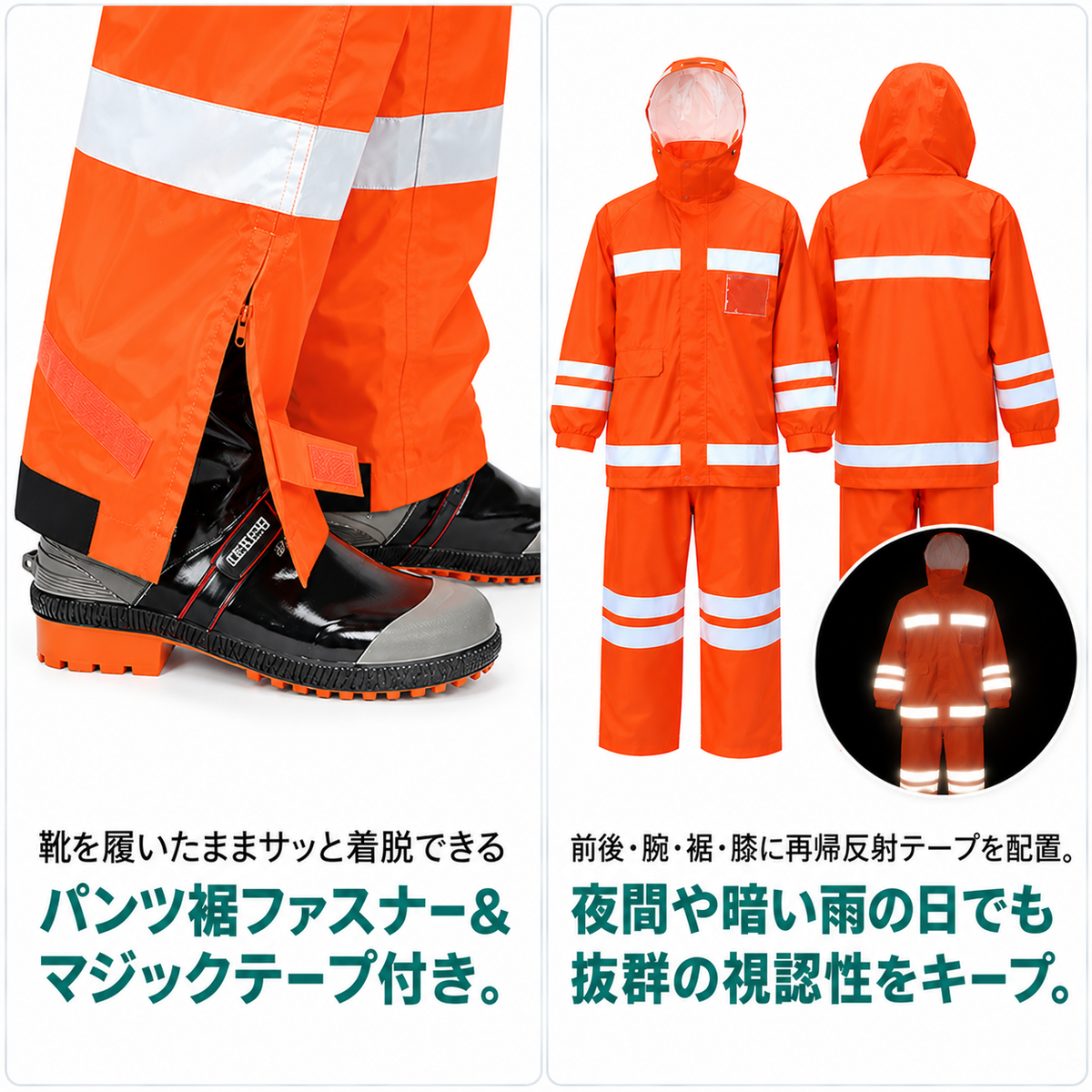 メーカー:KAJIMEIKU 品名&品番:KAJIMEIKU KM-3810 警備用 視認性レインスーツ【上下セット】 Point説明