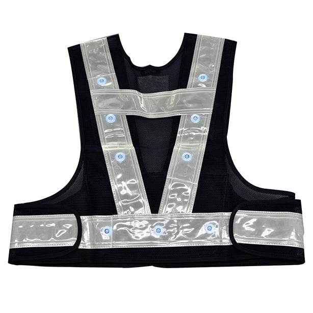 メーカー:MIZUKEI 品名&品番:【警備用】【LED】【ショート丈】安全ベスト(3012701-KB ～ 3012732-KB) カラー:ネイビー×ホワイト (青LED)(バックスタイル)