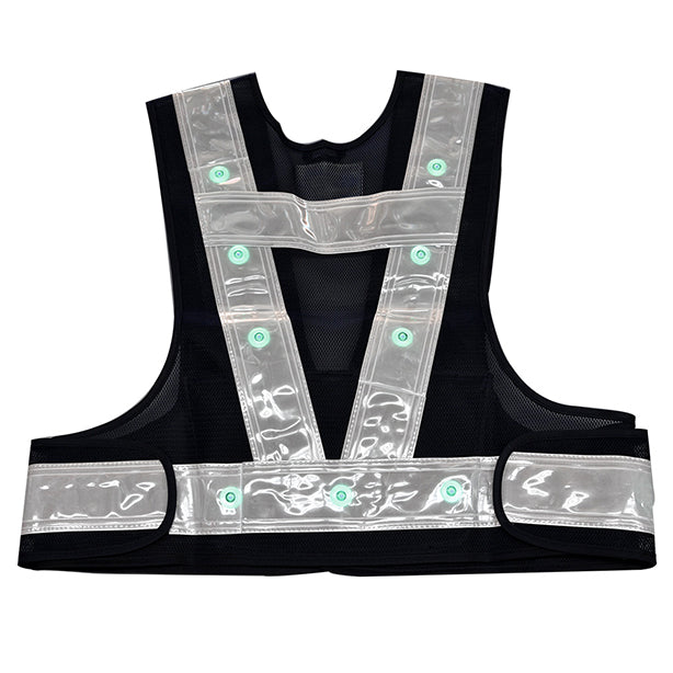 メーカー:MIZUKEI 品名&品番:【警備用】【LED】【ショート丈】安全ベスト(3012701-KB ～ 3012732-KB) カラー:ネイビー×ホワイト (緑LED)(バックスタイル)