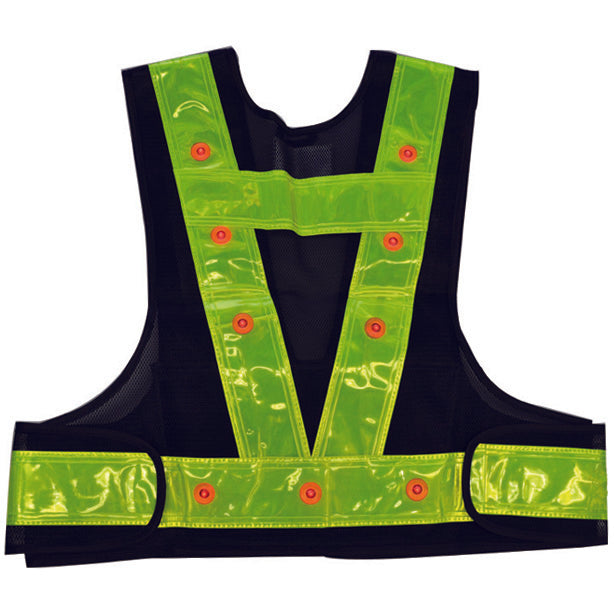 メーカー:MIZUKEI 品名&品番:【警備用】【LED】【ショート丈】安全ベスト(3012701-KB ～ 3012732-KB) カラー:ネイビー×イエロー (赤LED)(バックスタイル)