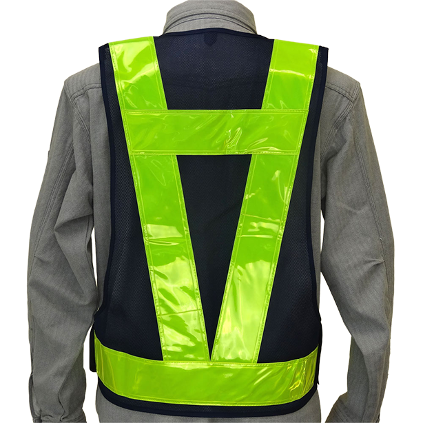 メーカー:MIZUKEI 品名&品番:安全ベスト/70mmタイプ（5917602 ～ 5917607） カラー:紺×黄(バックスタイル)