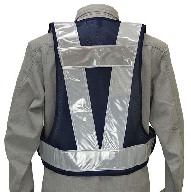 メーカー:MIZUKEI 品名&品番:安全ベスト/70mm ショート丈（5917702 ～ 5917707） カラー:紺×白(バックスタイル)