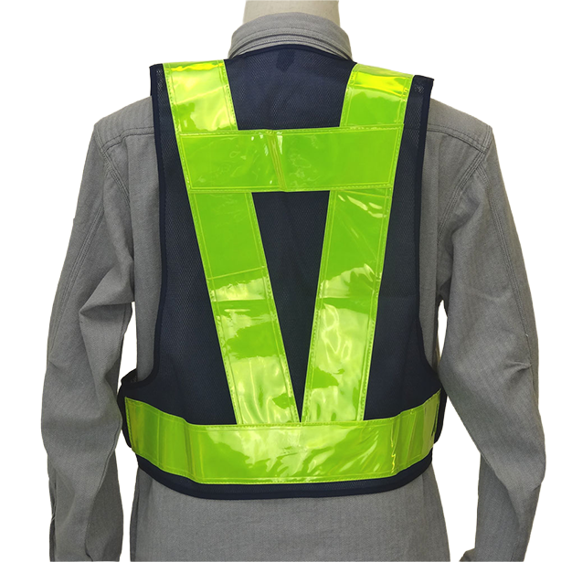 メーカー:MIZUKEI 品名&品番:安全ベスト/70mm ショート丈（5917702 ～ 5917707） カラー:紺×黄(バックスタイル)