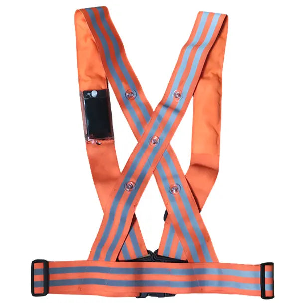 メーカー:熱田資材 品名&品番:LEDリフレックスV 反射付ベスト カラー:蛍光オレンジ(バックスタイル)