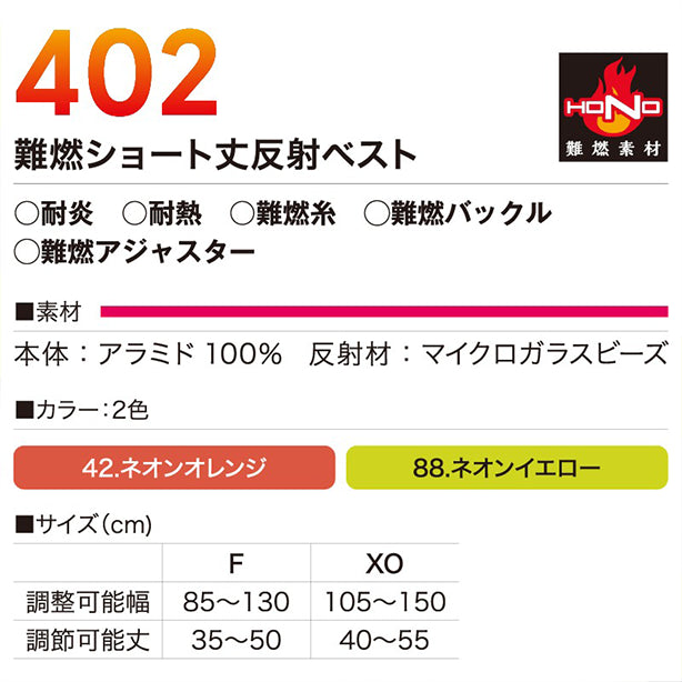 メーカー:村上被服 品名&品番:村上被服 HONO MH-402 難燃ショート丈反射ベスト Point説明