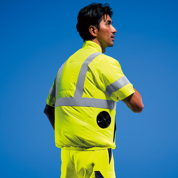 メーカー:ASAHICHO 品名&品番:ASAHICHO AC-9211 空調服®高視認半袖ブルゾン（横ファン） 着用イメージ背面