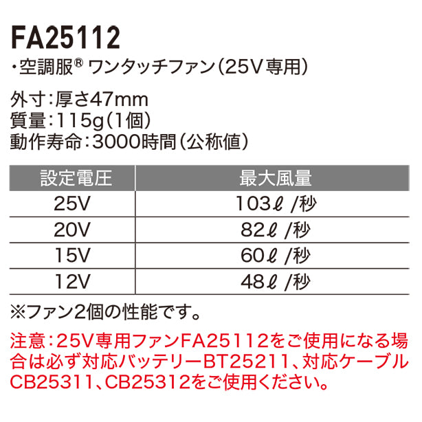 メーカー:XEBEC 品名&品番:XEBEC XE-FA25112 空調服®最強ワンタッチファン25V用 最大風量説明