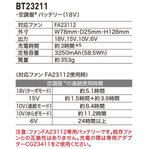 メーカー:XEBEC 品名&品番:XEBEC XE-XS23011 空調服®18V大風量スターターキット 連続使用時間説明
